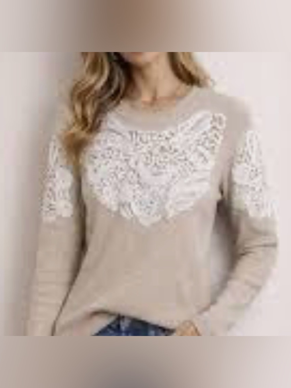 Free People Beige with White Embroidery Long-Sleeve Ribbed Top - Size S